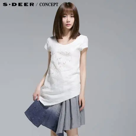 sdeer圣迪奥棉麻T恤女装夏绣线花朵白色短袖t恤S13280197图片