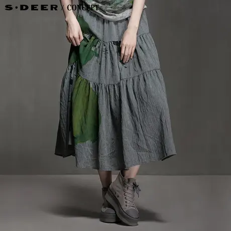 sdeer圣迪奥女装夏装抽象水墨绿意棉麻长裙S15281115图片