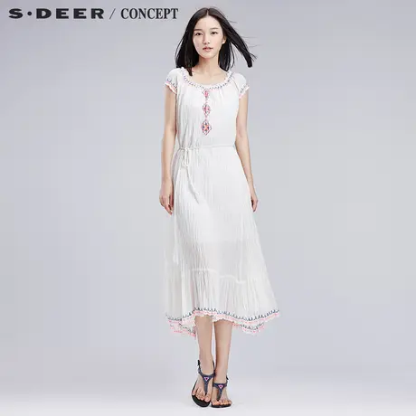 sdeer圣迪奥民族风连衣裙愫白抓皱中长款裙S16281223图片
