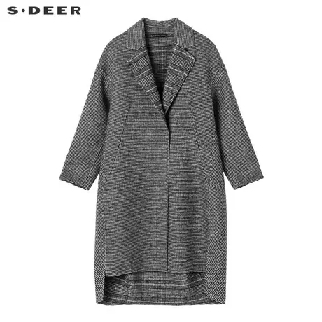 sdeer圣迪奥2018冬装新款剪裁复古格纹前短后长毛呢大衣S18461871图片