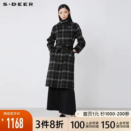 sdeer圣迪奥2021秋冬新品高领撞色格纹拼接收腰毛呢大衣S21481844图片