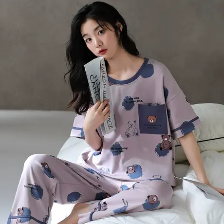 婷美睡衣女夏季纯棉薄款短袖长裤圆领时尚可爱宽松外穿家居服套装图片