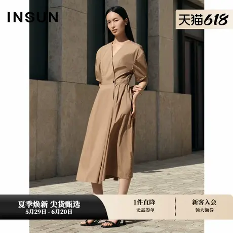INSUN恩裳专选夏季泡泡袖围裹式V领收腰连衣裙图片