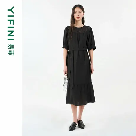 [专柜同款]Yifini/易菲蕾丝圆领拼接醋酸凉感直筒系带短袖连衣裙图片