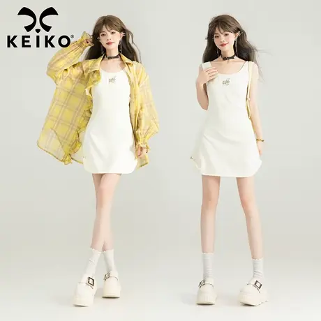 KEIKO 简约白色无袖背心连衣裙25夏季气质法式褶皱收腰包臀短裙子图片
