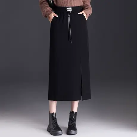 黑色松紧腰链条休闲裙半身裙女秋冬2023新款显瘦直筒包臀裙中长裙图片