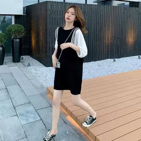 胖MM特大码300斤T恤裙2023春夏宽松遮肚藏肉显瘦假两件撞色连衣裙图片