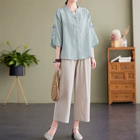 中老年女装棉绸睡衣女夏季妈妈棉麻套装宽松大码两件套休闲家居服图片