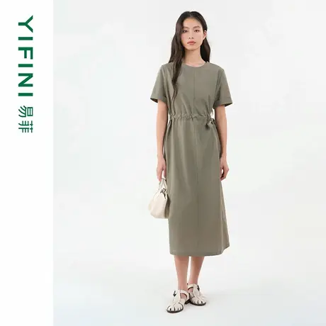 [专柜同款]Yifini/易菲索罗娜棉工装风圆领抽绳直筒休闲连衣裙图片