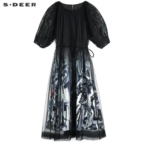 sdeer圣迪奥女22夏装新品圆领印花收腰灯笼袖长裙连衣裙S222Z1237图片