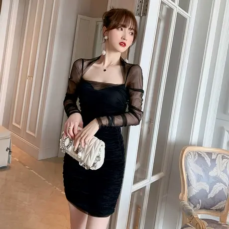宴会小礼服抹胸短裙内搭打底性感修身包臀弹力网纱连衣裙小个子女图片