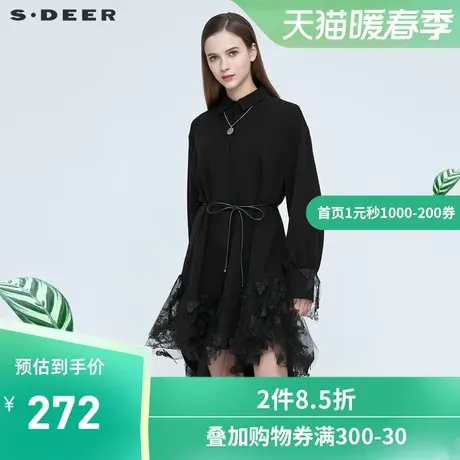 sdeer圣迪奥冬装优雅休闲翻领网纱蝴蝶贴布衬衫连衣裙女S20461208图片
