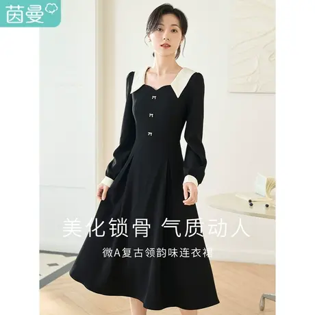 茵曼方领连衣裙女春装2023新款复古华夫格肌理拼接撞色翻领高腰裙图片