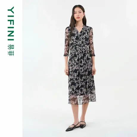 [专柜同款]Yifini/易菲100%真丝网眼印花V领腰部扭结中袖连衣裙女图片