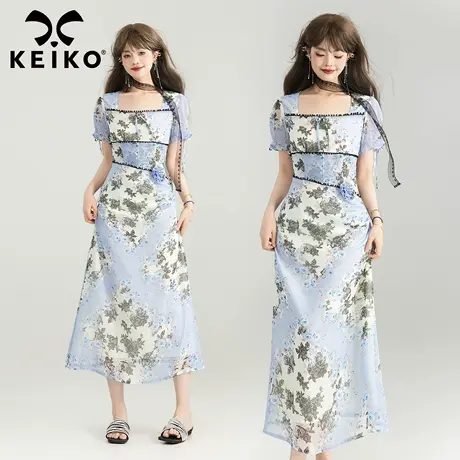 KEIKO 油画感复古法式碎花连衣裙2025夏季宫廷风鱼骨束腰礼服裙子图片