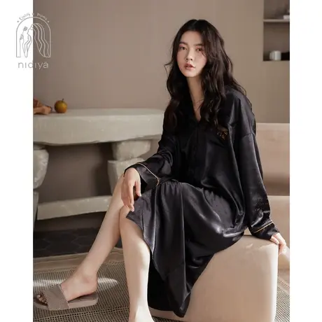 妮狄娅新品睡衣睡裙女秋季冰丝长袖翻领衬衫裙可外穿春秋款家居服图片