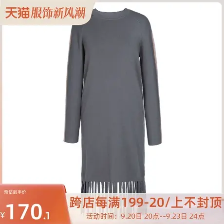 【艾格】2023春季新款纯色针织连衣裙女流苏条纹简约休闲中长裙子图片