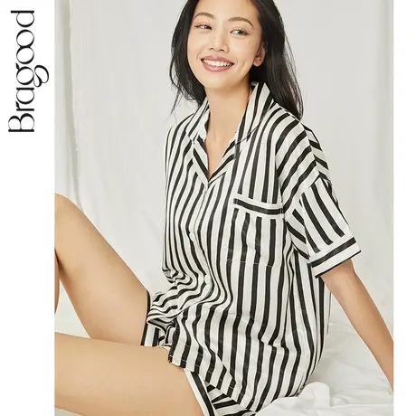 睡衣女夏季冰丝薄款经典条纹家居服休闲ins风短袖短裤两件套装图片