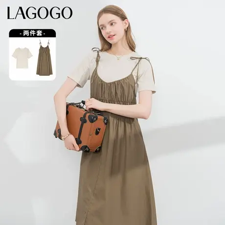 【莱赛尔】LAGOGO文艺风两件套连衣裙女拉谷谷夏季新款舒适A字裙图片