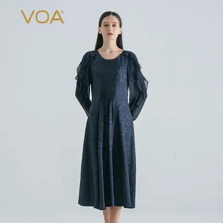 VOA桑蚕丝月牙提花藏青圆领长袖工字褶荷叶边宽松腰真丝连衣裙图片
