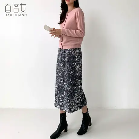 百洛安亮片半身裙女春新款时尚后开叉中长裙弹力松紧腰显瘦A字裙图片