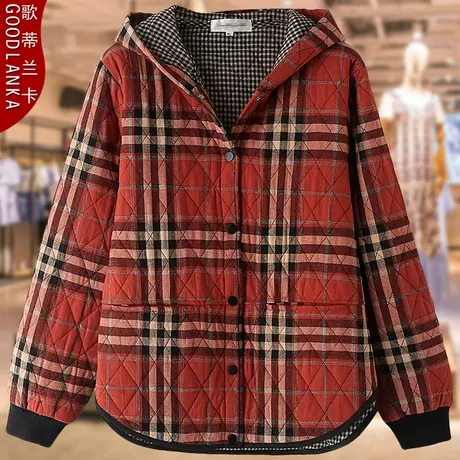 大码中老年秋冬装棉服女200斤中年妈妈洋气夹棉连帽格子棉衣外套图片
