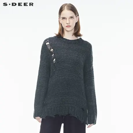 sdeer圣迪奥女装个性街头破洞做旧帅气新潮显瘦针织衫S18383550商品大图