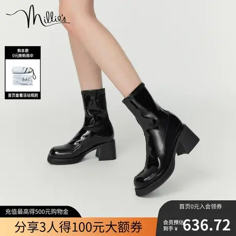 millie's妙丽冬季新款漆牛皮粗跟瘦瘦靴中筒时装靴女SGP34DZ2图片