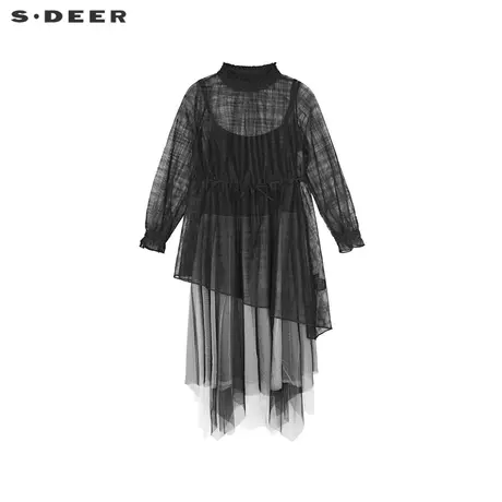 sdeer圣迪奥女22新款格纹网纱吊带两件套小众设计连衣裙S221Z1291图片