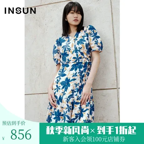 【奥莱专享】恩裳2023夏季新款桑蚕丝冰丝印花围裹式大A摆连衣裙图片