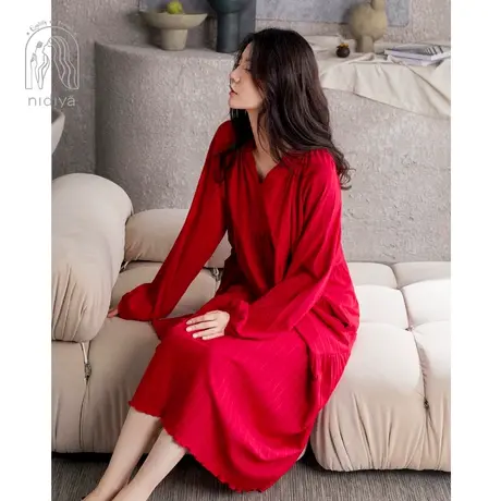 妮狄娅新款睡衣睡裙女秋纯棉长袖v领春秋婚庆大红结婚新娘家居服图片