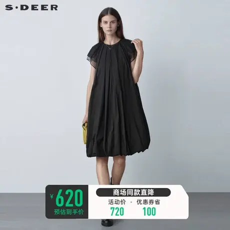 sdeer圣迪奥夏装女裙子休闲圆领网纱拼接黑色A字连衣裙S22281244图片