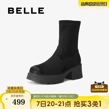 百丽女靴子复古弹力靴冬季新款加绒高跟显瘦瘦短靴E5G2DDZ5图片