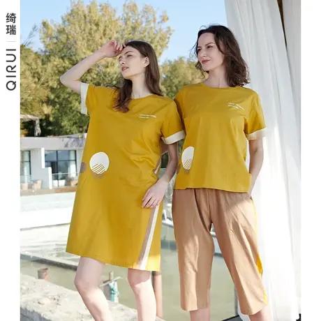 绮瑞睡衣女士夏季纯棉短袖七分裤薄款套装妈妈夏天套头家居服大码图片