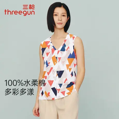 三枪女士无袖背心2025夏季新品坎肩印花V领开襟水柔棉妈妈衫上衣图片