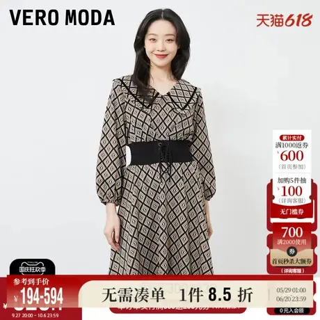 Vero Moda奥莱连衣裙春秋新款复古优雅翻领松紧腰绑带七分泡泡袖图片