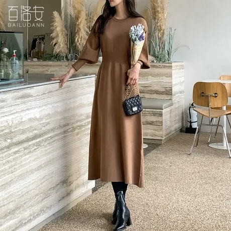 百洛安长袖圆领针织连衣裙女2023秋冬新款弹力松紧腰长款过膝毛衣图片