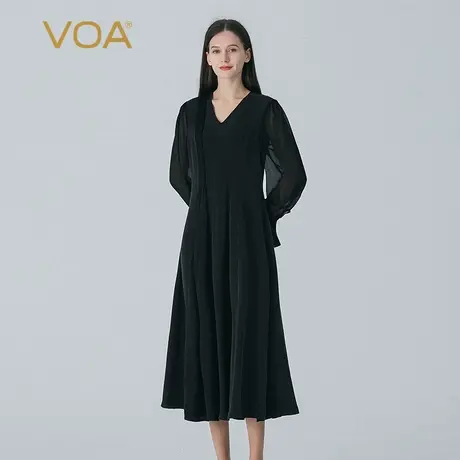 VOA30姆米重磅桑蚕丝墨黑色V领长袖不对称褶皱拼接乔其真丝连衣裙图片