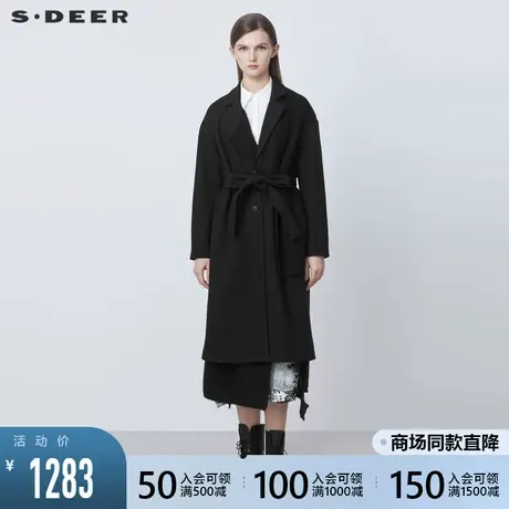 sdeer圣迪奥2021秋冬新品翻领收腰拼接不规则毛呢大衣女S21481830图片