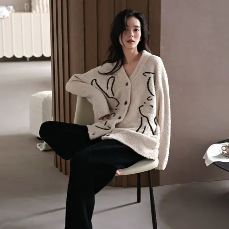 婷美珊瑚绒睡衣女冬天开衫长袖加绒睡衣半边绒家居服秋冬季套装女图片