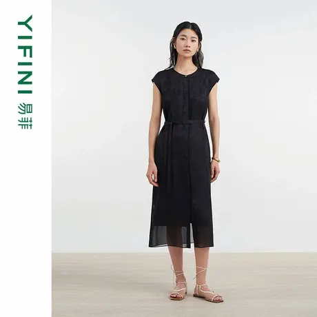 [专柜同款]Yifini/易菲真丝花罗优雅气质盖袖连衣裙女D05Y1620图片