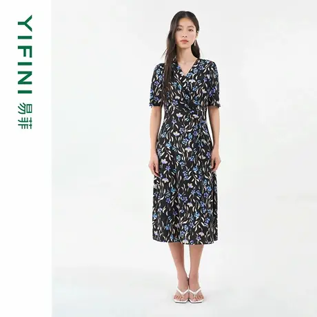 [专柜同款]Yifini/易菲100%桑蚕丝真丝弹力印花收腰V领气质连衣裙图片