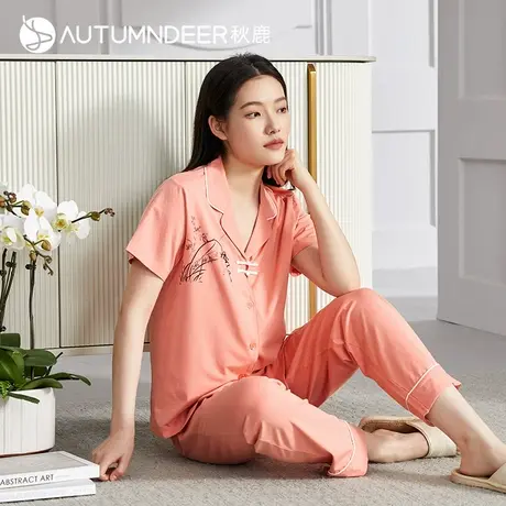 秋鹿旗下【梦伴】睡衣女夏季棉质开衫翻领短袖长裤套装休闲家居服图片