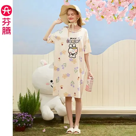 芬腾布朗熊睡裙女纯棉短袖睡衣夏季薄款可爱卡通宽松中长裙家居服图片