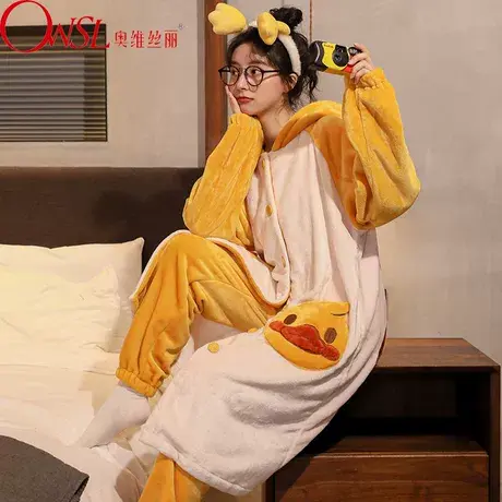 睡衣女秋冬绒长款睡袍加厚可爱长袖春秋款家居服套装图片
