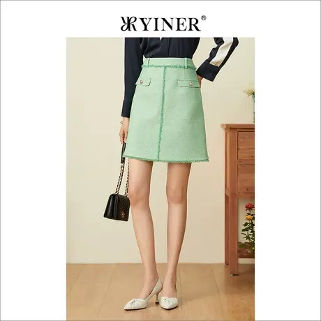 YINER音儿女装春季小香风编织毛边装饰A字裙半身裙图片