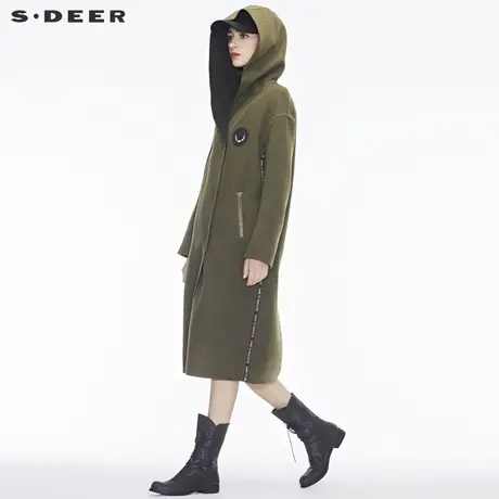 sdeer圣迪奥2018秋冬新款撞色字母印花贴布连帽毛呢大衣S18481891图片