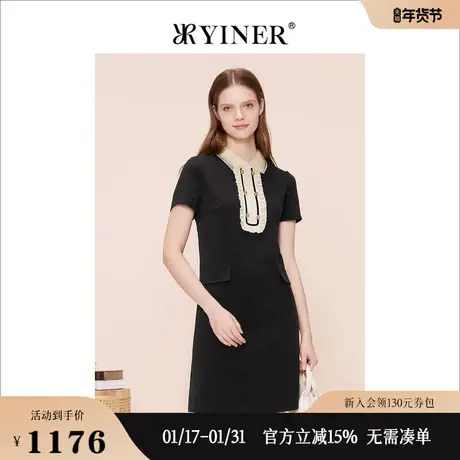 【小香风】YINER音儿专选女装夏季蕾丝翻领木耳边拼接连衣裙图片