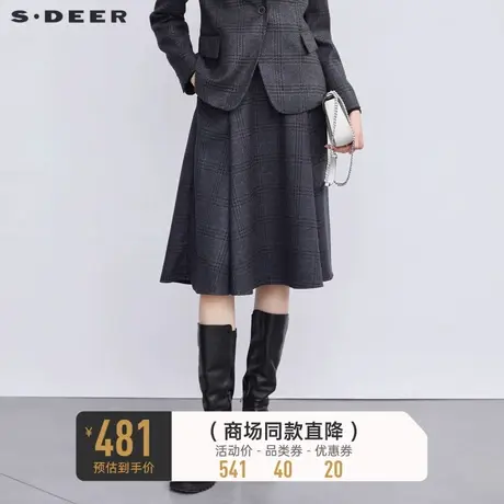 sdeer圣迪奥女装复古学院风格纹插袋A字长裙S223Z1170图片