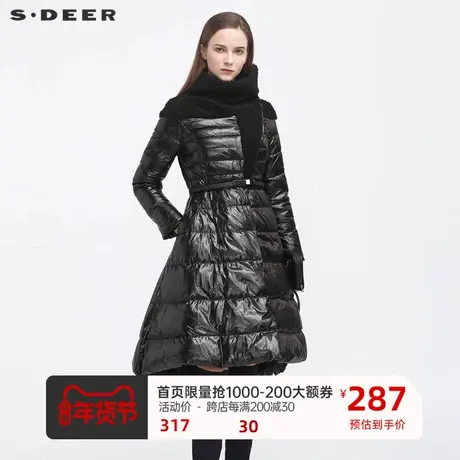 sdeer圣迪奥女装时尚不规则拼接收腰长款羽绒服S20482419图片